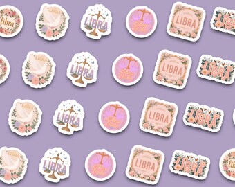 Pretty Pink Libra Sticker Pack | Floral Astrology Stickers | Libra Birthday Gift for Her | Cute Laptop Water Bottle Planner Decals