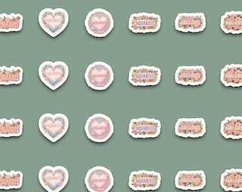 Floral Aquarius Sticker Pack | Romantic Astrology Stickers | Aquarius Birthday Gift for Her | Cute Laptop Water Bottle Planner Decals