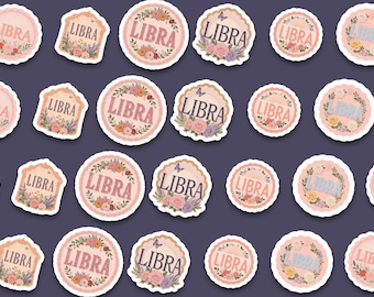 Vintage Floral Libra Sticker Pack | Romantic Astrology Stickers | Libra Birthday Gift for Her | Aesthetic Laptop Water Bottle Planner Decals