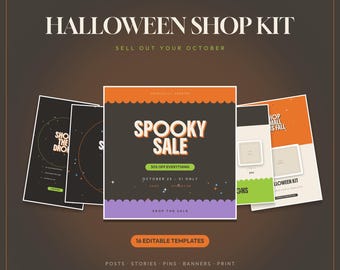 Halloween Canva Templates for Small Shops | 16 Instagram, Pinterest and Banner Templates | Retro Spooky Shop Kit