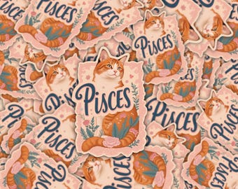 Pisces Cat Zodiac Sticker | Floral Ginger Tabby Astrology