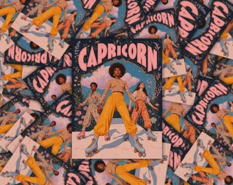 Pegatinas de disco del zodiaco Capricornio / Calcomanías de moda de astrología retro / Pegatinas de pandilla de chicas Capricornio Y2K / Arte de vinilo con signo de tierra celestial /