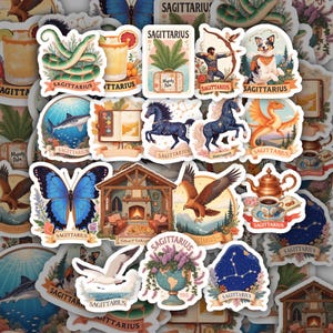 May include: A collection of die-cut stickers featuring various illustrations including a blue butterfly, a cozy fireplace scene, a soaring eagle, a celestial horse, a dragon, a dog, a snake, and a teapot, each labeled with the word Sagittarius.