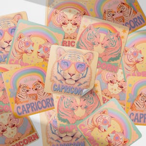 Steenbok tijger dierenriem sticker collectie | Y2K Esthetische Steenbok Pastel Tijger Stickers | Pastelkleurige regenboog Steenbok Tijger dierenriemstickers