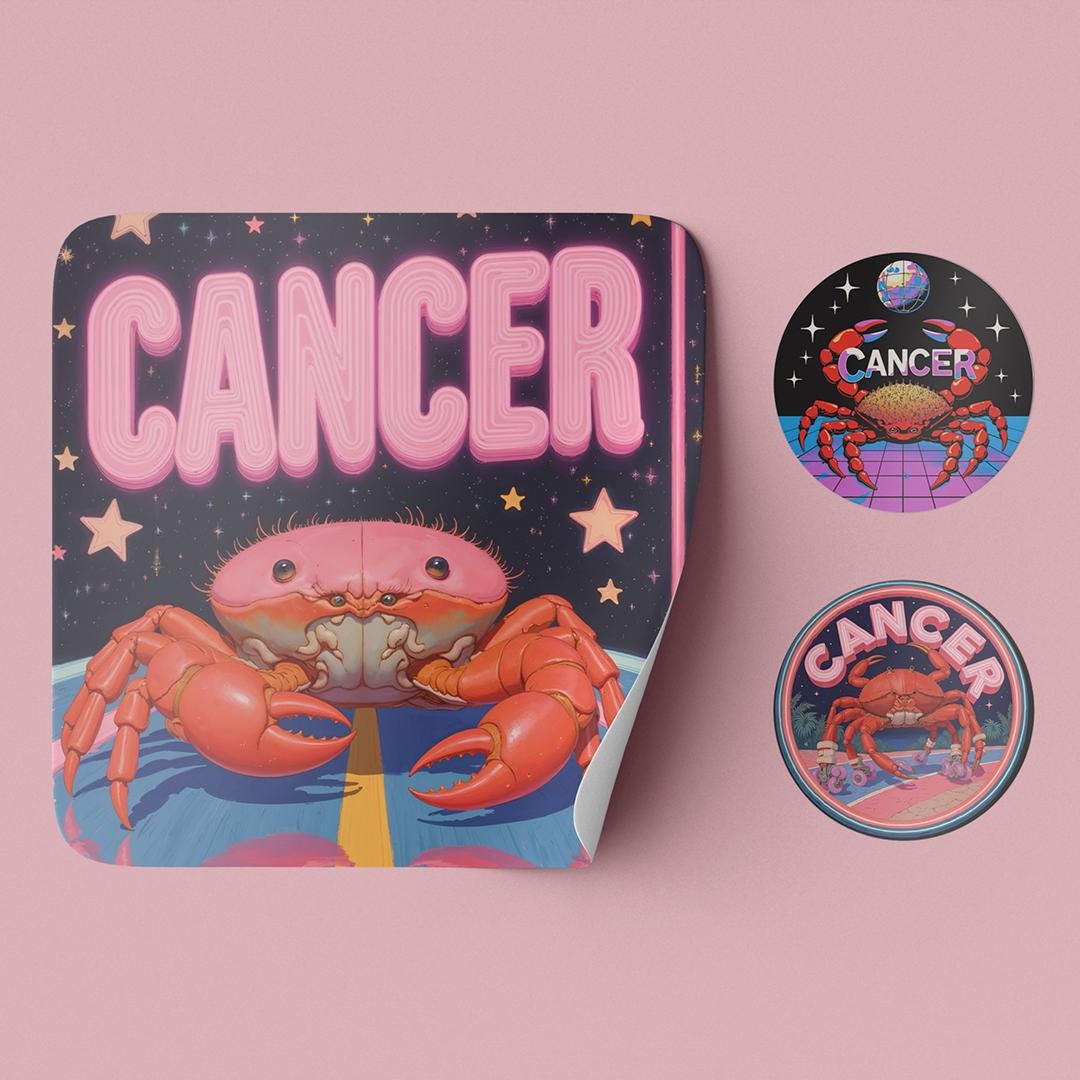 Retro Cancer Zodiac Sticker Set | Retrowave Crab Designs - Etsy