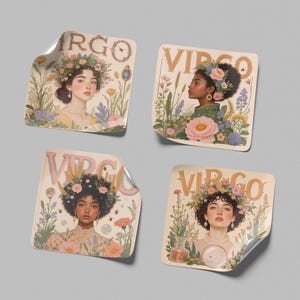 Coleção de adesivos botânicos da deusa de Virgem • Decalques florais do signo de terra • Conjunto de arte em vinil da donzela de Virgem • Adesivos do zodíaco da colheita celestial