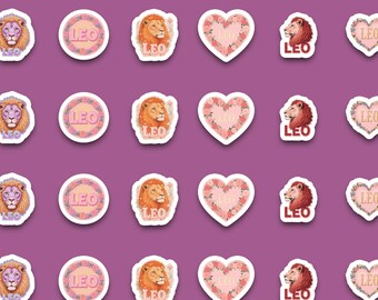 Leo Zodiac Pink Sticker Pack | Heart Lion Stickers | Cute Astrology Decals | Pink Leo Birthday Gift | Girly Zodiac Stickers Set