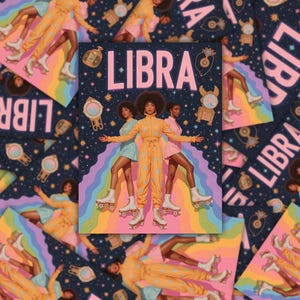 Pegatinas artísticas del zodiaco Libra / Diversas calcomanías astrológicas de patinaje sobre ruedas / Arte retro del signo de equilibrio celestial / Pegatinas del grupo de chicas Libra