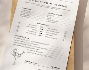 Wie gut kennst du die Braut – JGA Spiel | Bridal Shower Game | Bachelorette Party Quiz | Hochzeitsspiel zum Ausdrucken | Sofortdownload PDF