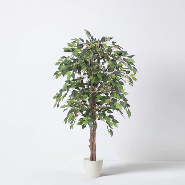 Tradala 3’11" Lush Artificial Tree Ficus 120cm / 3ft 11" Tall with Real Wood Trunk in a White Plant Pot - For Home Living Room Indoors