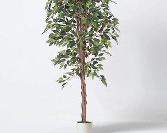 Tradala 4’11" Lush Artificial Tree Ficus 150cm / 4ft 11" Tall with Real Wood Trunk in a White Pot - For Home Living Room Indoors