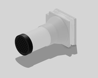 May include: A white ventilation fan with a black, honeycomb-shaped vent cover. The fan is attached to a white duct.