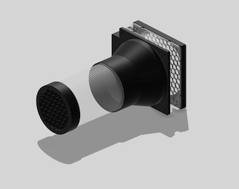 May include: A black and gray computer fan with a honeycomb-shaped grill. The fan is attached to a clear plastic tube.