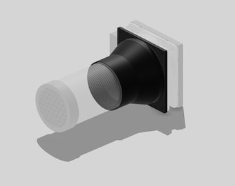 May include: A black vent with a round, ribbed opening and a square, flat back. The vent is attached to a white, square duct.