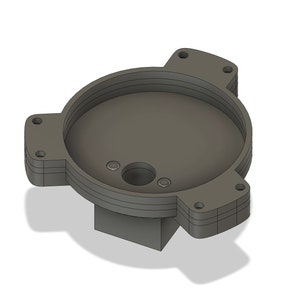 May include: A gray plastic 3D printed part with a circular base and three arms extending out. The base has a small hole in the center and two smaller holes on the side.