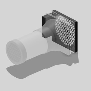 May include: A black and gray ventilation fan with a round, black, metal grill. The fan is attached to a white, flexible duct.