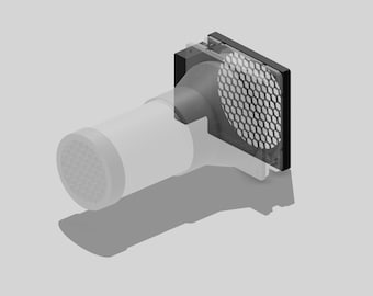 May include: A black and gray ventilation fan with a round, black, metal grill. The fan is attached to a white, flexible duct.