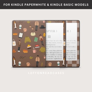 May include: A brown Kindle Paperwhite case with a fall-themed pattern. The design includes illustrations of people, coffee cups, sweaters, and leaves. The text "FOR KINDLE PAPERWHITE & KINDLE BASIC MODELS" is at the top.