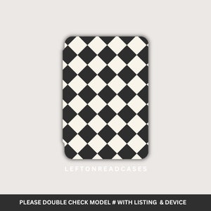 May include: A rectangular phone case with rounded corners, displaying a black and cream checkerboard design. The text "LEFTONREADCASES" is printed at the bottom. The bottom of the image has the text "PLEASE DOUBLE CHECK MODEL # WITH LISTING & DEVICE".