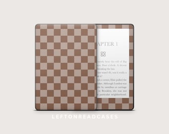 May include: A Kindle Paperwhite and Basic Models case with a brown and tan checkered pattern. The case is open, revealing the screen with text from a book. The text "CHAPTER 1" is visible. The text "FOR KINDLE PAPERWHITE & KINDLE BASIC MODELS" is at the top.