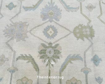 Hand Knotted Oushak Rug Sage Green Wool Carpet Muted Modern Area Rug