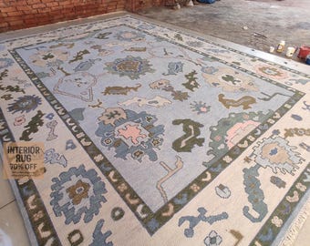 Blue Oushak Rug 10x14 - Hand Knotted Wool Area Rug - Large Vintage Turkish Carpet - Oriental Rug for Living Room, Bedroom or Entryway