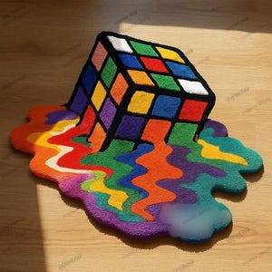 Dywan Melting Rubik’s Cube – Trippy Rainbow Gamer Carpet | Kolorowy wystrój pokoju retro dla kreatywnych, nastolatków, akademików i pokoi gier prezent urodzinowy
