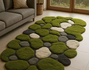 Moss Rug Irregular Shape, 3D Pebble Green Area Rug, Hand Tufted Forest carpet