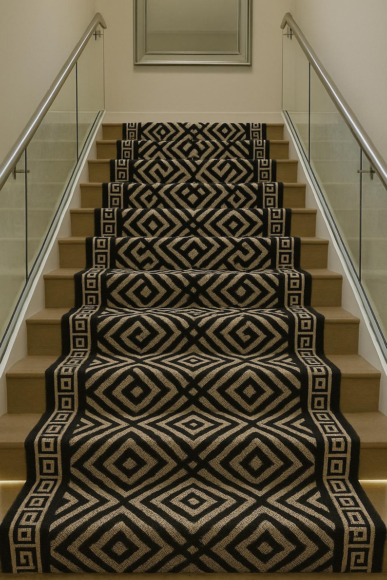 Single Stair Rug Modern Geometric Stair Runner Rug | Black & White Minimalist Carpet for ...