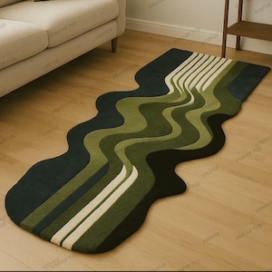Green Abstract Runner Rug – Modern Wavy Long Carpet for Hallway, Entryway or Living Room, Soft Non-Slip Irregular Floor Mat Decor