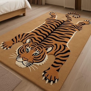 Tiger Rug for Kids Room or Living Room – Hand Tufted Wool Animal Rug – Soft Safari Carpet for Nursery Decor & Jungle Theme Gift