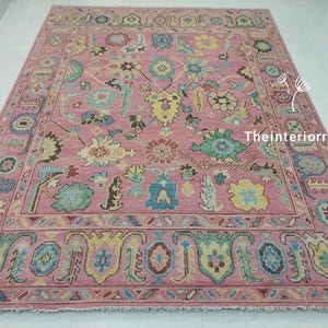 Pink Hand Knotted Oushak Rug | Vintage Turkish Wool Carpet | Traditional Floral Oriental Area Rug | Bohemian Living Room Decor
