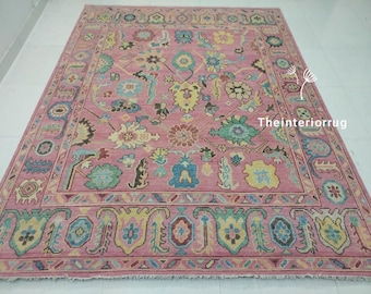 Handgeknüpfter Rosa Oushak Teppich, Türkischer Wollteppich mit Pastell Blumen 200x300