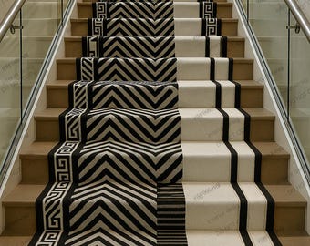 Modern Geometric Stair Runner Rug | Black & White Minimalist Carpet for Stairs | Custom Size Hallway Rug Runner | Luxury Staircase Decor