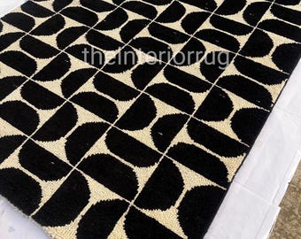 Hand Knotted Wool Area Rug | Black & Ivory Geometric Design