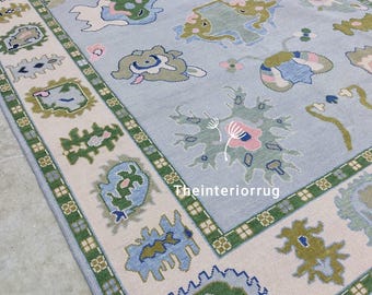 Handgeknüpfter Oushak Wollteppich | Pastell Blau & Grün Floral