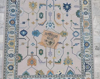 Hand-Knotted Blue Oushak Rug 10x14 – Large Wool Turkish Carpet