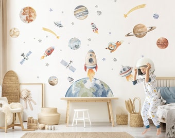 Adhesivo de pared sistema solar XXL set tatuaje de pared para habitación infantil espacio adhesivo de pared para habitación de bebé planetas estrellas decoración autoadhesiva DK1133