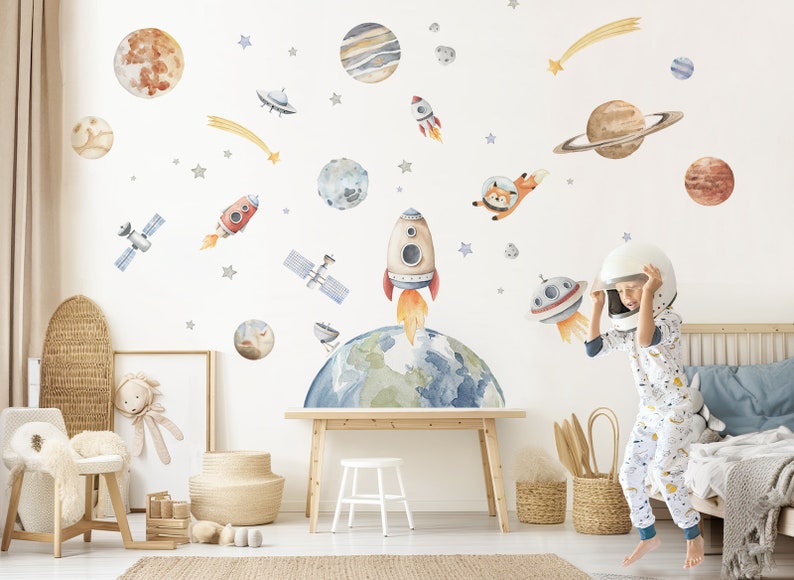 Sticker mural système solaire XXL set tatouage mural pour chambre d'enfant espace sticker mural pour chambre de bébé planètes étoiles décoration auto-adhésive DK1133 image 1