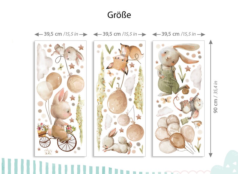 Wandsticker Waldtiere mit beige Luftballons Wandtattoo für Kinderzimmer Boho Hase Fuchs Maus Wandaufkleber für Babyzimmer Wanddeko DK1145 zdjęcie 3