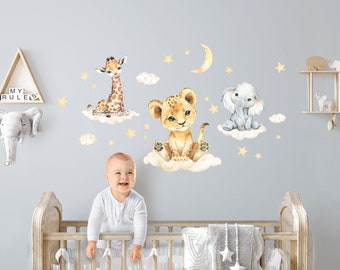 Wandsticker Safari Tiere mit Wolken Wandtattoo für Kinderzimmer Dschungel Löwe Elefant Wandaufkleber Babyzimmer selbstklebend Deko DK1029