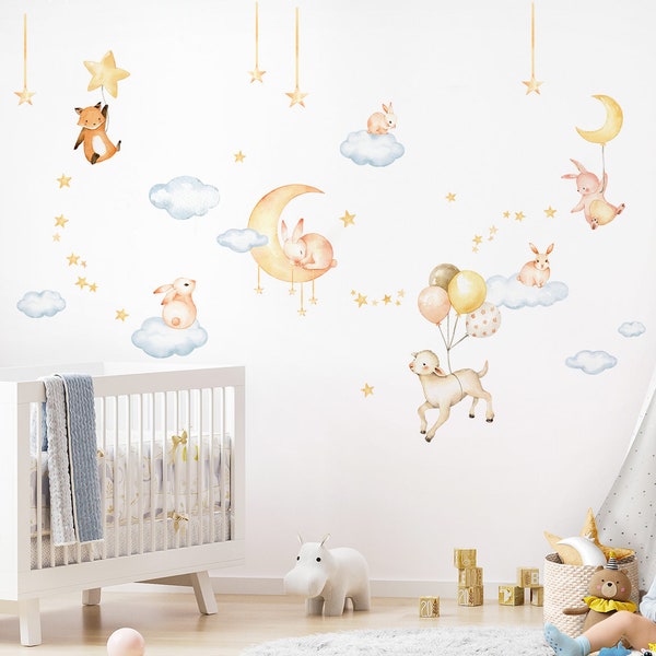 Wall tattoo animals moon wall stickers for children's rooms rabbit sheep clouds wall stickers baby room self-adhesive decoration DK1100