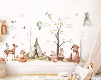 May include: A set of woodland animal wall decals featuring a deer, fox, bear, rabbit, hedgehog, and birds. The decals are in a watercolor style and are perfect for a nursery or child's room.