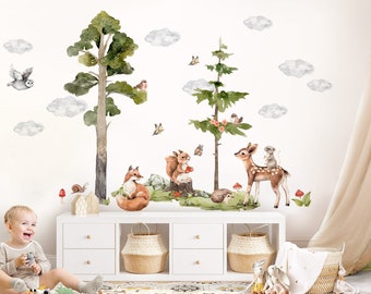 Tatouage mural XXL animaux de la forêt pour chambre d'enfant renard cerf autocollant mural pour chambre de bébé décoration auto-adhésive DK1090