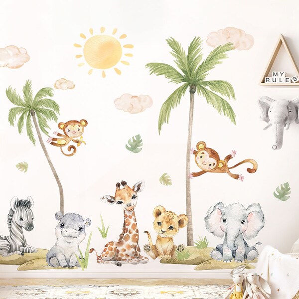 XXL Wandtattoo Set Baby Safari Tiere Wandsticker für Kinderzimmer Wandaufkleber für Babyzimmer Löwe Giraffe selbstklebend Deko DK1052