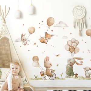 Wandsticker Waldtiere mit beige Luftballons Wandtattoo für Kinderzimmer Boho Hase Fuchs Maus Wandaufkleber für Babyzimmer Wanddeko DK1145 zdjęcie 1