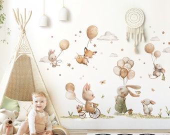 Adhesivo de pared animales del bosque con globos beige adhesivo de pared para habitación infantil Adhesivo de pared bohemio con conejo, zorro y ratón para decoración de pared de habitación de bebé DK1145