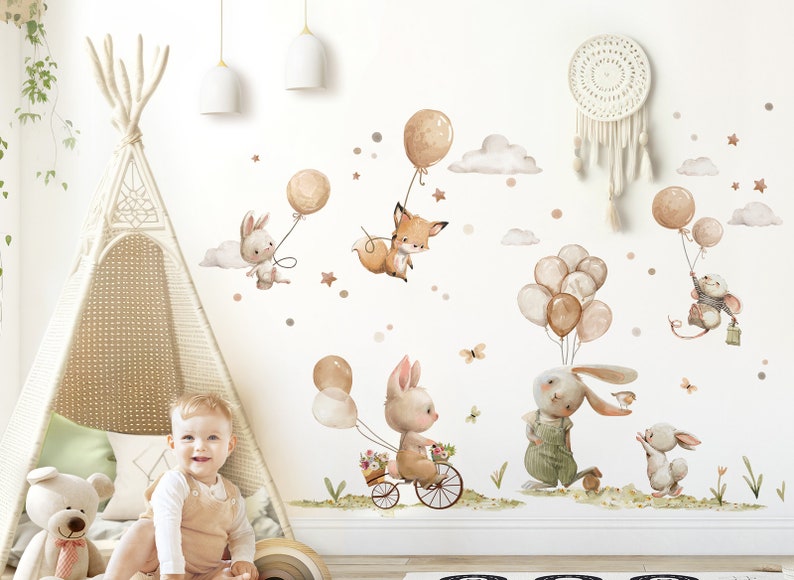 Wandsticker Waldtiere mit beige Luftballons Wandtattoo für Kinderzimmer Boho Hase Fuchs Maus Wandaufkleber für Babyzimmer Wanddeko DK1145 zdjęcie 1