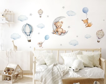 Autocollant mural montgolfière ours renard animaux chambre d'enfant autocollant mural lune nuages autocollant mural pour chambre de bébé décoration murale DK1062