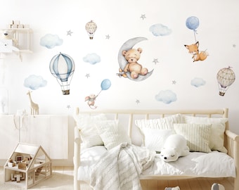 Wall sticker hot air balloon bear fox animals children's room wall sticker moon clouds wall sticker for baby room wall decoration DK1062